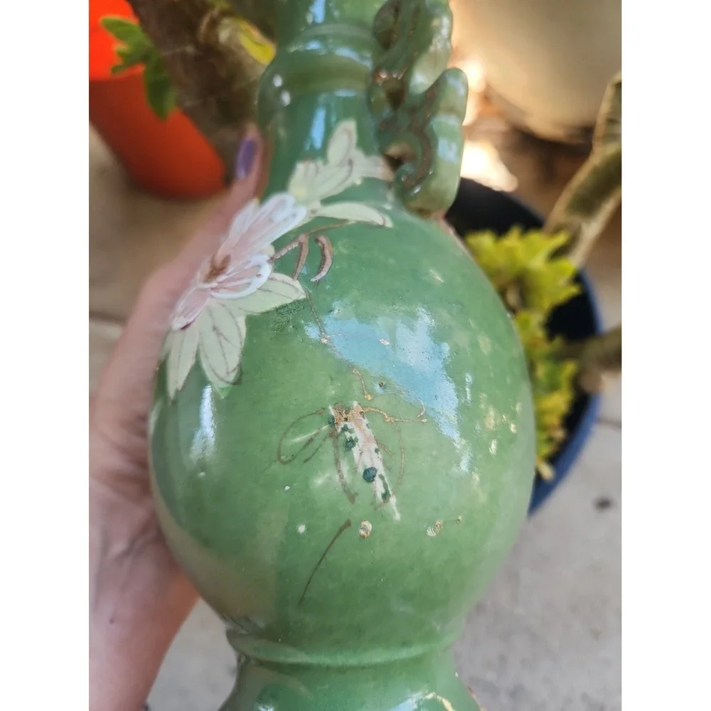 Vtg Japanese Moriage Satsuma Vase Double Handle Green Pink Floral Gold Guilt 10